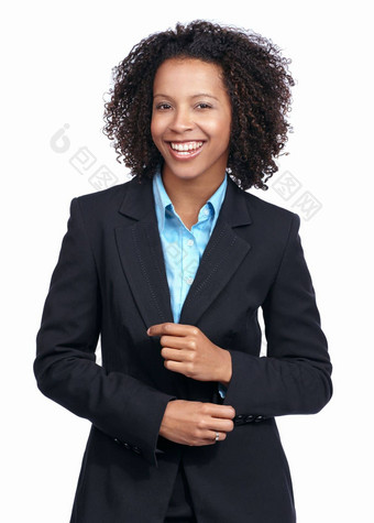 企业黑色的女人工作室肖像微笑成功愿景焦点白色背景孤立的女人业务领袖专业幸福目标梦想职业生涯西装