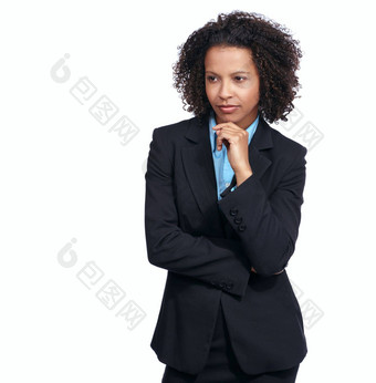 <strong>企业</strong>黑色的女人思考工作室的想法愿景焦点白色背景孤立的女人业务领袖专业的想法决定选择未来职业生涯<strong>梦想</strong>