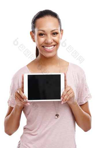 屏幕肖像女人平板电脑模型工作室孤立的白色背景市场营销品牌快乐女持有触屏技术产品放置广告空间
