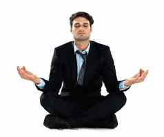 瑜伽冥想放松业务男人。冥想工作压力救援精神上的精神健康脉轮能源疗愈莲花Zen心态和平员工正念白色背景工作室