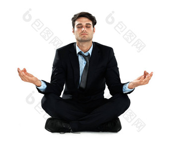 瑜伽冥想放松业务男人。冥想工作压力救援精神上的精神健康脉轮能源疗愈莲花Zen心态和平员工正念白色背景工作室
