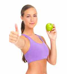 女人苹果工作室肖像拇指营养饮食目标健康白色背景孤立的模型健康的水果微笑健康维生素自然排毒强大的身体