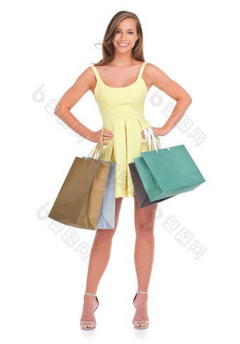 <strong>时尚</strong>肖像女人购物袋工作室孤立的白色背景黑色的星期五销售交易快乐丰富的富有的女<strong>客户</strong>站礼物购买购物中心