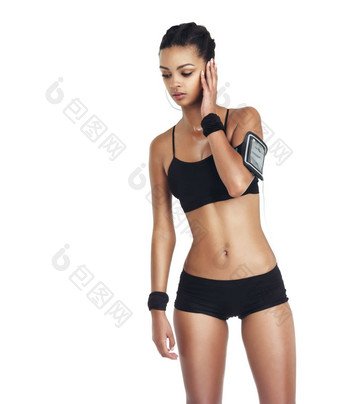 音乐健身体育女人电话锻炼健康有氧运动<strong>培训</strong>播客移动广播动机孤立的女孩听耳机锻炼流媒体<strong>目标</strong>