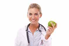 女人医生苹果工作室肖像营养健康微笑白色背景快乐孤立的医生水果营养学家健康维生素自然饮食健康的食物