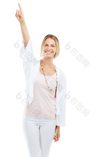 快乐微笑肖像女人指出工作室模型空间市场营销广告幸福休闲模型加拿大点手指方向孤立的白色背景
