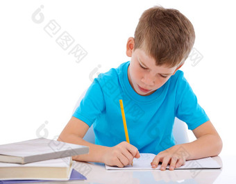年轻的男孩写作学习家庭作业桌子上学校<strong>教育学生</strong>知识纸工作孩子书研究有创意的画学术学前<strong>教育</strong>实践工作室