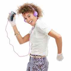 黑色的女人电话跳舞有趣的音乐播客广播白色工作室背景肖像孤立的快乐非洲美国女舞者听音频跟踪白色背景