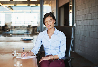 业务女人肖像微笑写作规划策略签署合同就业办公室桌子上年轻的女员工工作文书工作企业计划的想法工作场所