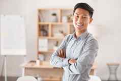 领导肖像年轻的亚洲商人站有创意的工作空间成功启动男人。信心幸福动机办公室工作市场营销设计职业生涯
