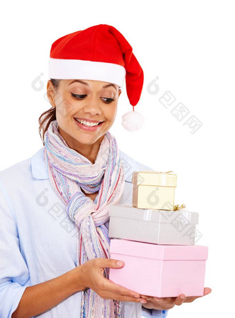 女人快乐圣诞节礼物工作室节日庆祝活动礼物给孤立的白色背景女幸福庆祝假期圣诞节聚会，派对礼物圣诞老人他