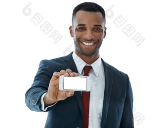 建议解决方案非洲美国商人显示智能手机屏幕孤立的白色