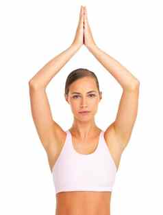 瑜伽健身肖像女人培训孤立的白色背景工作室Zen精神上的女孩祈祷普拉提构成冥想和平平静工作室背景