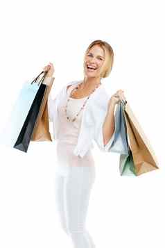 女人快乐购物袋客户零售购物时尚孤立的白色背景微笑肖像奢侈品设计师品牌衣服纸袋礼物折扣出售