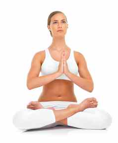 思考和平冥想瑜伽女孩平静放松正念位置精神健康精神上的冥想健身女人孤立的白色背景模型瑜珈生活方式