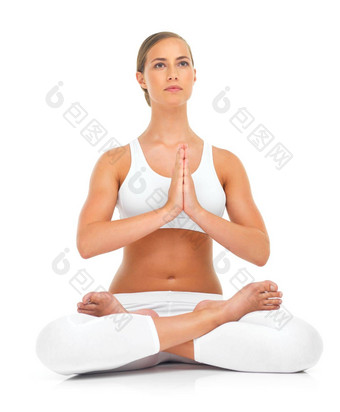 思考和平冥想瑜伽女孩平静放松正念位置<strong>精神</strong>健康<strong>精神</strong>上的冥想健身女人孤立的白色背景模型瑜珈生活方式