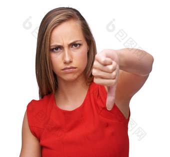 女人手拇指不同意失败反对白色工作室背景肖像孤立的女指出拇指不正确的错误的失败白色背景
