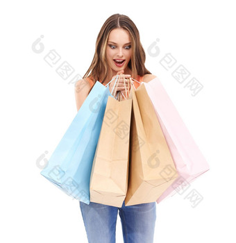 女人哇购物袋工作室出售折扣微笑零售交易白色背景模型惊喜脸购物袋手美<strong>风</strong>格孤立的时尚