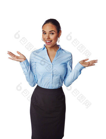 业务女人肖像重手促销活动模型孤立的市场营销空间广告模拟微笑快乐企业工人棕榈选项决定白色背景选择