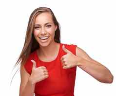拇指成功肖像女人微笑孤立的白色背景动机模型表情符号手赢得成就工作室背景