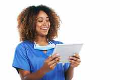 护士健康黑色的女人平板电脑工作室孤立的白色背景模型技术健康快乐女医疗医生笑触屏研究远程医疗