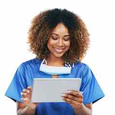平板电脑黑色的女人医疗保健护士工作室孤立的白色背景技术健康应用程序快乐人女医疗医生触屏研究远程医疗