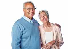 高级夫妇拥抱退休肖像工作室幸福爱支持快乐婚姻男人。女人承诺护理信任孤立的白色背景