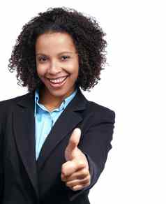 企业黑色的女人拇指工作室肖像微笑焦点白色背景快乐孤立的女人业务领袖手标志目标协议西装梦想职业生涯