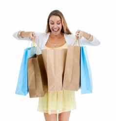 购物袋哇女人工作室零售时尚促销活动广告出售折扣交易购物财富兴奋客户检查袋惊喜礼物白色背景