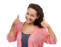 脸肖像拇指女人工作室孤立的白色背景手手势表情符号快乐女模型thumbsup成功支持批准协议