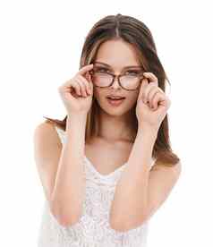 年轻的女人眼镜肖像眼睛护理健康白色背景工作室愿景年轻的模型手镜头框架脸光学眼镜眼科学眼镜眼睛护理