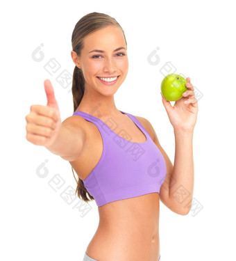 女人苹果拇指工作室肖像健康营养健康白色背景孤立的模型健康的水果微笑饮食目标维生素自然排毒强大的身体