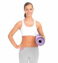 肖像瑜伽健身女人工作室孤立的白色背景锻炼锻炼健身房培训健康女运动员瑜珈携带席平衡