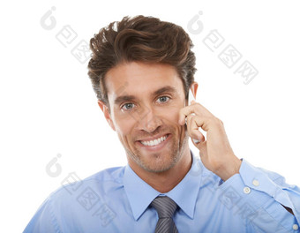时间客户工作室拍摄年轻的商人会说话的手机孤立的白色