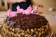 自制的美味的生日蛋糕坚果装饰巧克力糖衣火烈鸟蜡烛节日烘焙