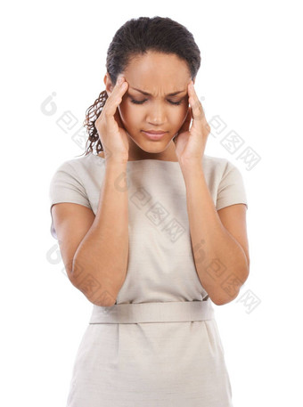 头疼压力黑色的女人工作倦怠焦虑抑郁症白色背景工作室精神健康错误非洲女孩偏头痛工作工作室背景