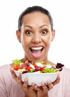 健康哇肖像女人沙拉饮食健康失去重量营养生活方式微笑快乐兴奋黑色的女人健康的食物孤立的白色背景