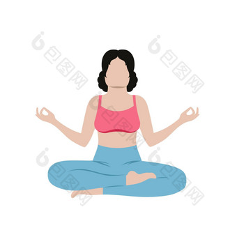 美丽的女孩坐着莲花位置孤立的白色背景向量平卡通插图概念健身瑜伽充电冥想