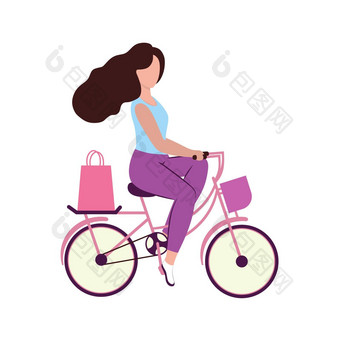 美丽的年轻的女人游乐设施自行车购物商店包食物食物向量平卡通插图标志体育商店骑自行车健身房