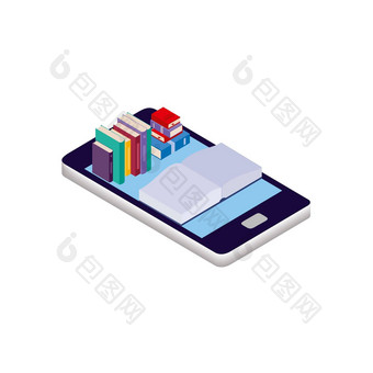 向量卡通等角插图孤立的白色背景智能手机书阅读概念阅读在线电子书在线库标志设计网站读者
