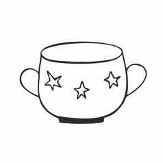 宽糖碗明星模式孤立的白色背景杯子茶咖啡茶仪式向量轮廓插图孩子的涂鸦标志咖啡馆餐厅酒吧
