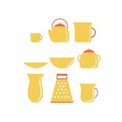 集黄色的厨房餐具家庭项目玻璃水壶碗茶向量平插图剪纸艺术主题烹饪图标咖啡馆餐厅酒吧厨房