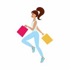 美丽的纤细的女孩运行商店购物袋折扣促销活动提供了广告插图服装化妆品鞋子商店向量平插图