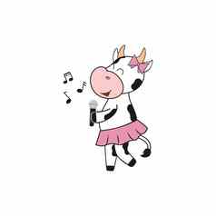 可爱的牛裙子麦克风唱首歌聚会，派对象征牛孤立的白色背景向量时尚的卡通插图一年场景生活