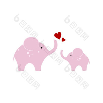 画粉红色的大象女孩孤立的白色背景可爱的孩子们的卡通插图妈妈婴儿世界动物野生动物图像海报孩子们的房间