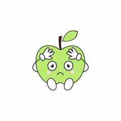 伤心苹果坐在持有头有趣的孩子们的卡通字符向量插图水果卡片