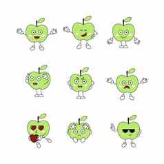 集水果情绪脸有趣的apples-emoticons表情符号贴纸苹果模式向量卡通字符孩子们