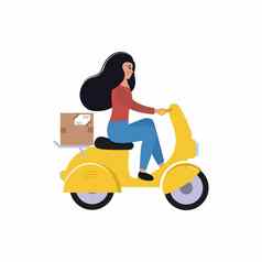 表达交付食物订单邮政项目城市踏板车交付女孩游乐设施机动脚踏两用车包裹女向量平字符交付服务