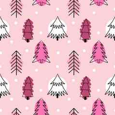粉红色的无缝的模式可爱的圣诞节树树风格涂鸦背景印刷织物壁纸包装纸