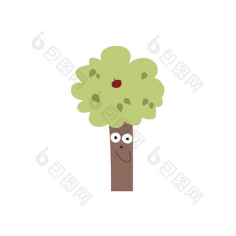 有趣的树眼睛孤立的苹果树白色背景卡通向量插图标志设计主题自然保护森林孩子们的有趣的画手